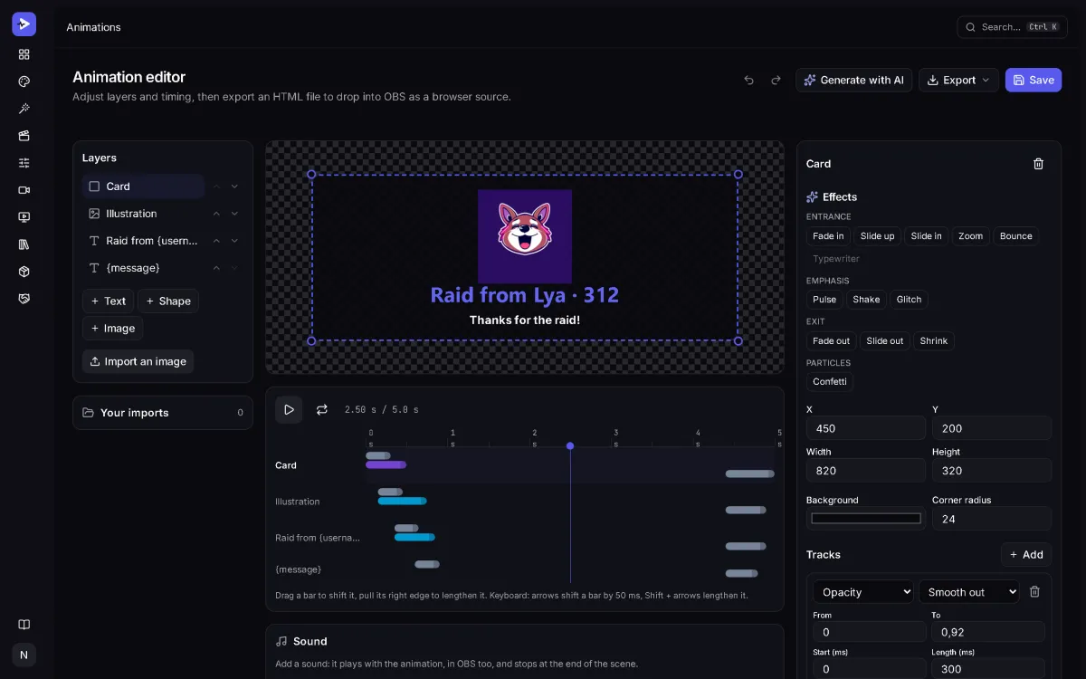 StreamCrea animation editor: a raid alert on a transparent preview, its four layers, their timeline and the entrance effects.