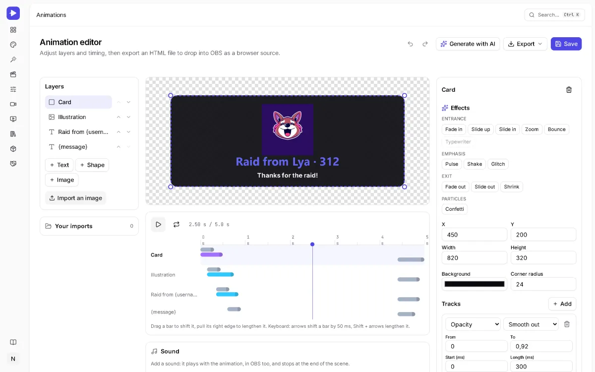 StreamCrea animation editor: a raid alert on a transparent preview, its four layers, their timeline and the entrance effects.