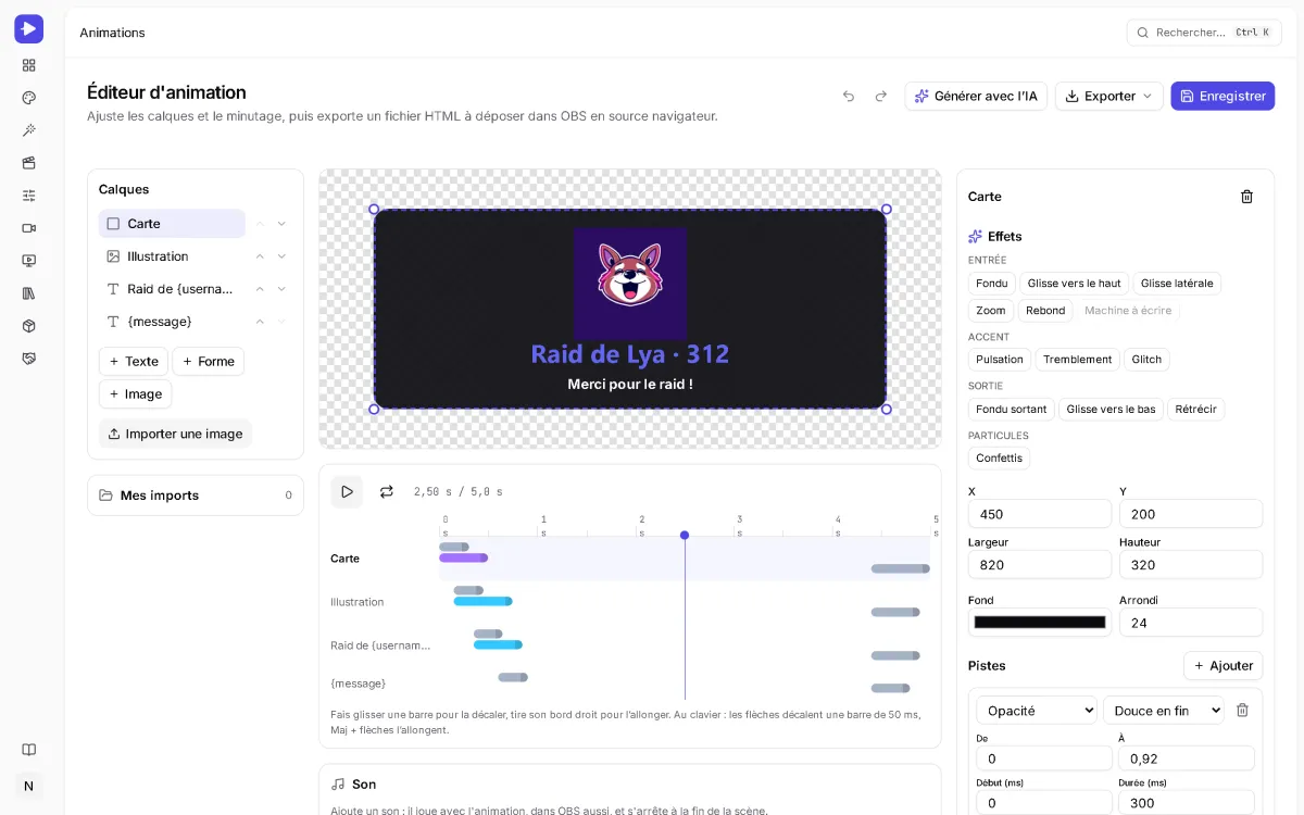 Éditeur d'animation StreamCrea : une alerte de raid sur un aperçu transparent, ses quatre calques, leur timeline et les effets d'entrée.