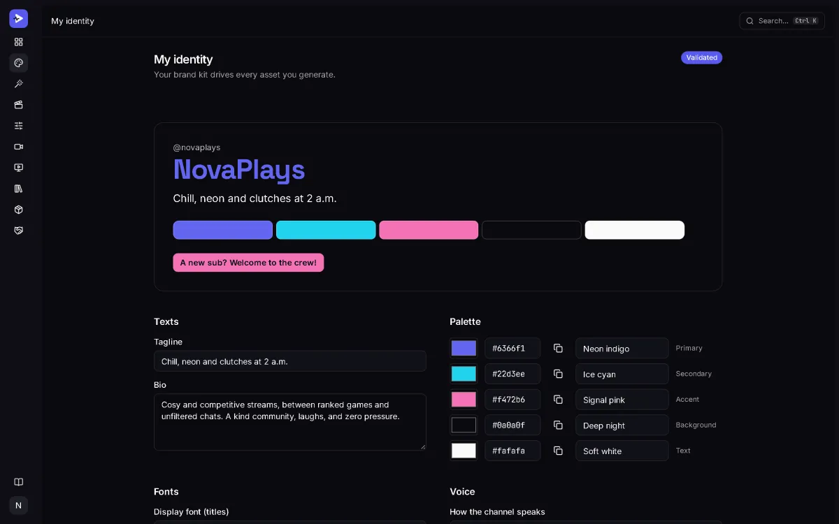NovaPlays brand kit in StreamCrea: channel name and tagline, five-color palette with its codes, texts and fonts.