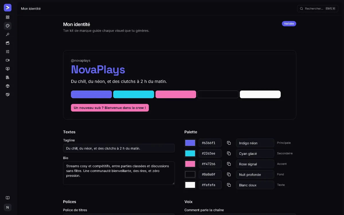 Kit de marque de NovaPlays dans StreamCrea : nom de la chaîne et accroche, palette de cinq couleurs avec leurs codes, textes et polices.