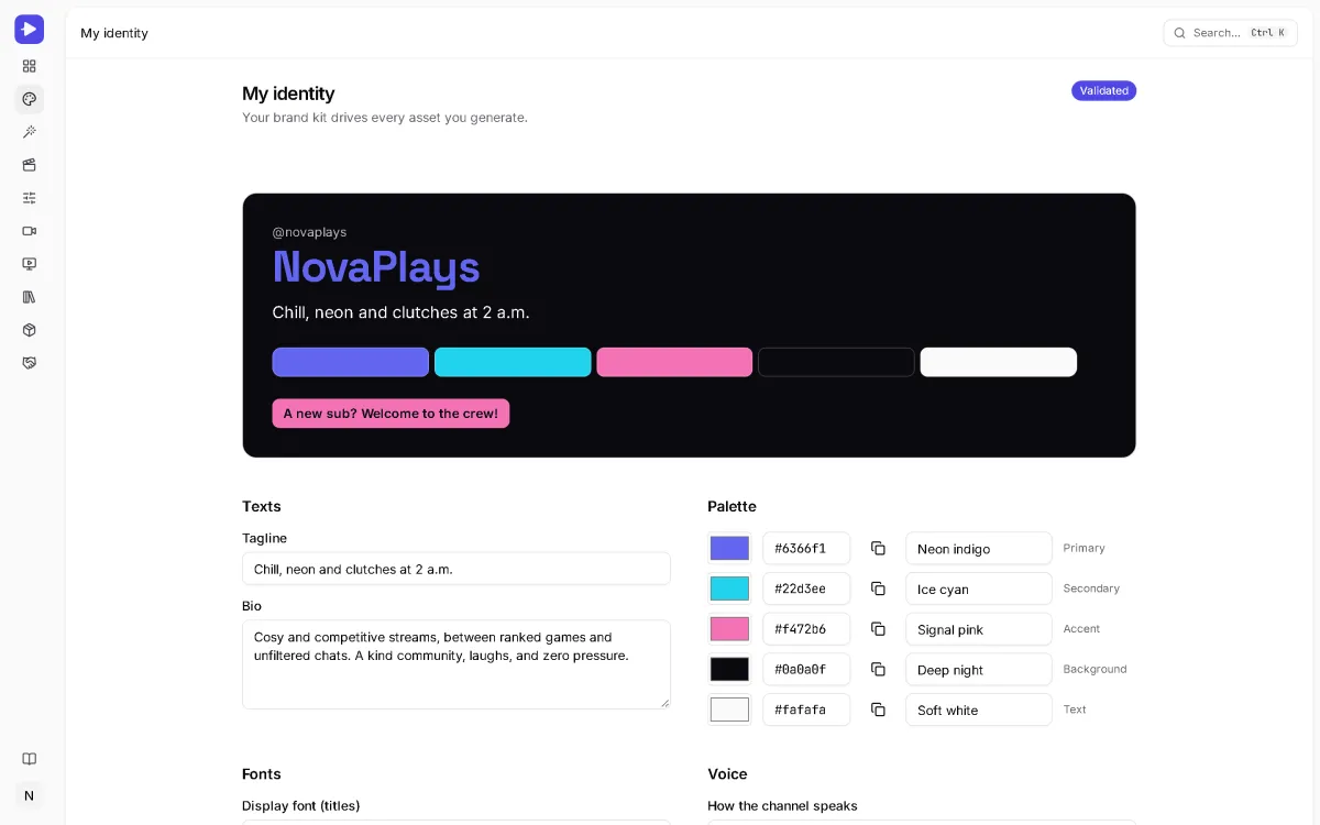 NovaPlays brand kit in StreamCrea: channel name and tagline, five-color palette with its codes, texts and fonts.