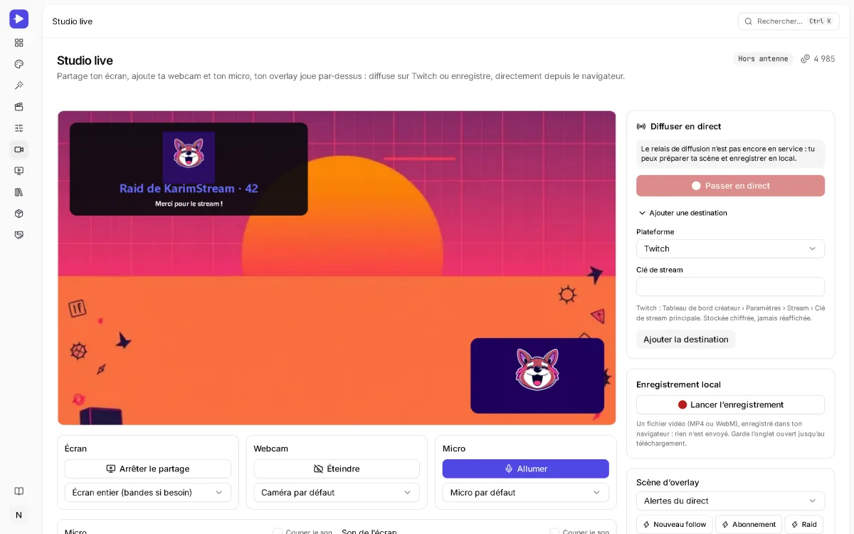 Studio live StreamCrea : un écran partagé, la webcam dans un coin et une alerte de raid de l'overlay par-dessus, à côté des réglages d'enregistrement.