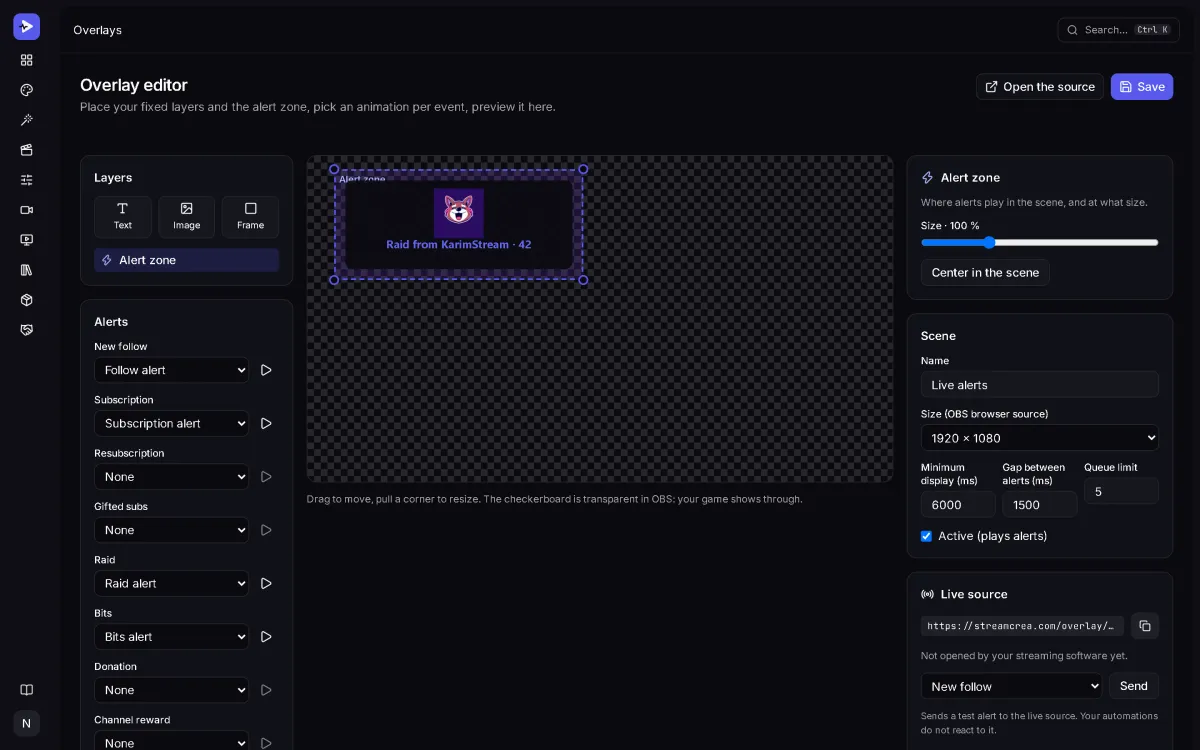 StreamCrea overlay editor: a raid alert playing in the alert zone, the animation chosen for each event, and the browser source address (hidden).