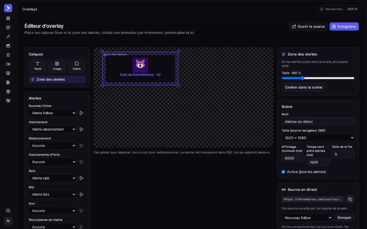 Éditeur d'overlay StreamCrea : une alerte de raid jouée dans la zone des alertes, l'animation choisie pour chaque événement et l'adresse de la source navigateur (masquée).