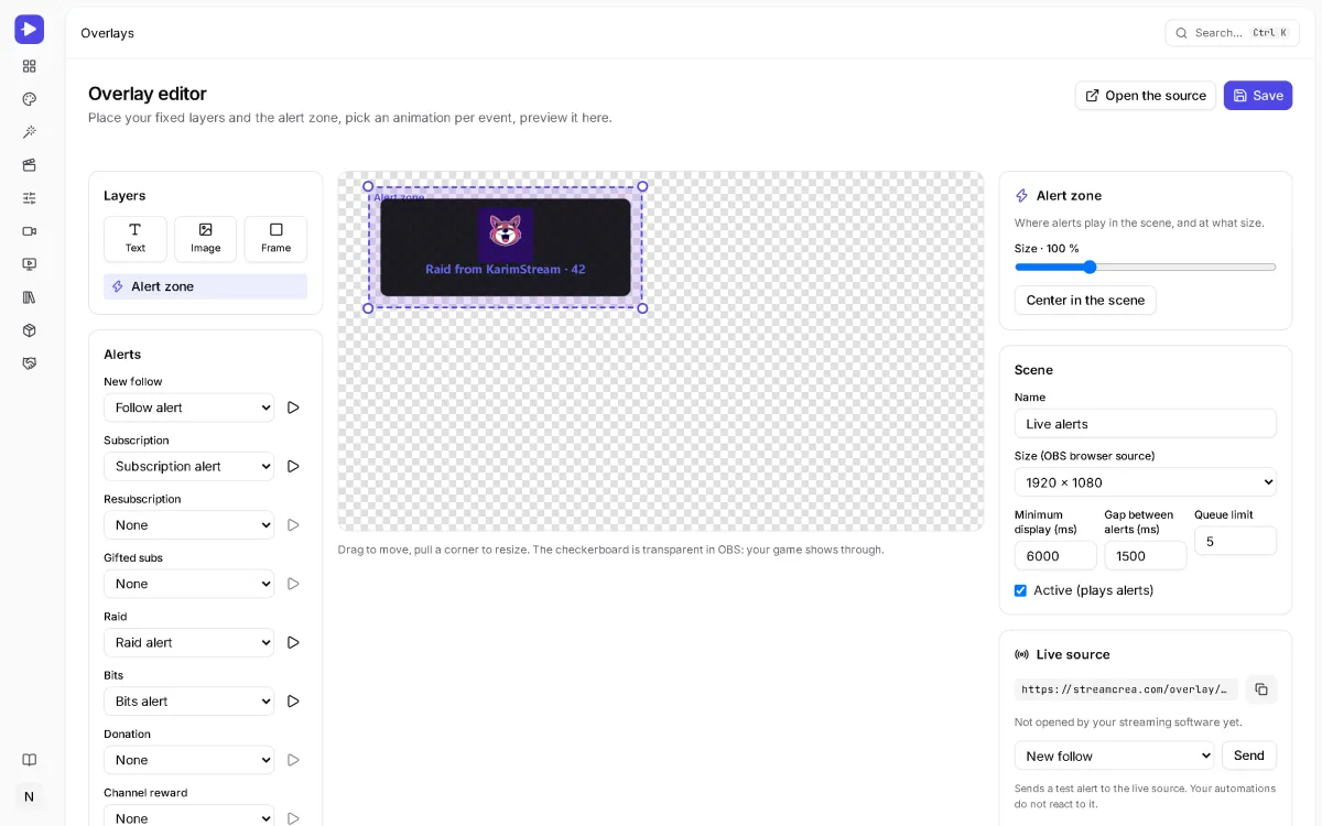 StreamCrea overlay editor: a raid alert playing in the alert zone, the animation chosen for each event, and the browser source address (hidden).