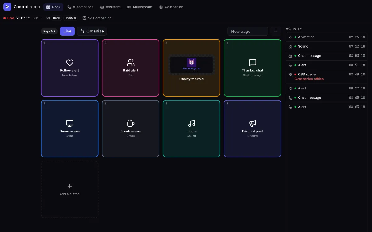 StreamCrea control room: an eight-key deck (alerts, OBS scenes, chat, jingle, Discord) and the activity log of the live.