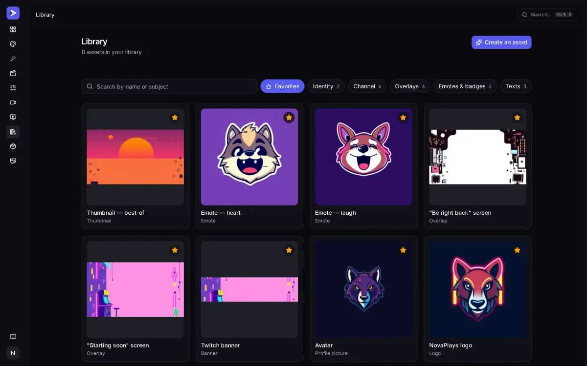 StreamCrea library: the NovaPlays logo, avatar, emotes, banners, overlay screens and thumbnail, marked as favorites.