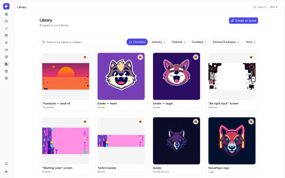 StreamCrea library: the NovaPlays logo, avatar, emotes, banners, overlay screens and thumbnail, marked as favorites.
